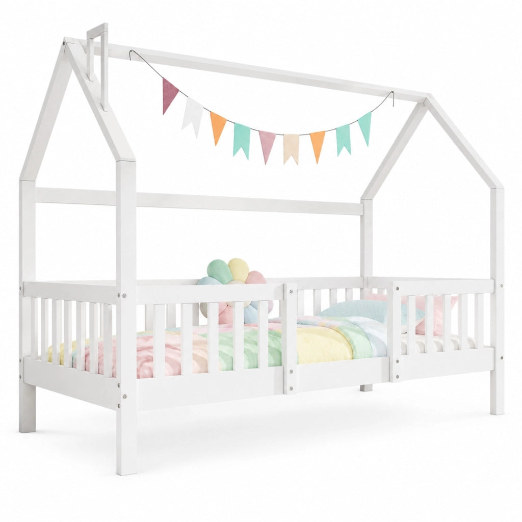 Letto a casetta per bambini 90x200 cm in legno di pino bianco con tetto e recinto, senza materasso