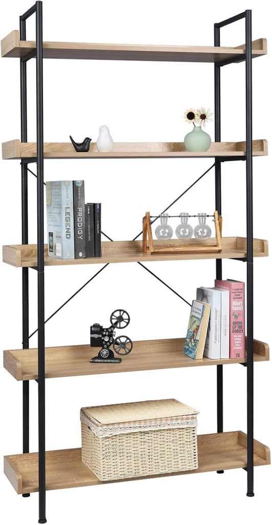 Scaffale per Libri con 5 Ripiani Aperti, Libreria con Struttura in Metallo per Soggiorno/Camera da Letto/Studio, 91x30x173 cm, Rovere Chiaro