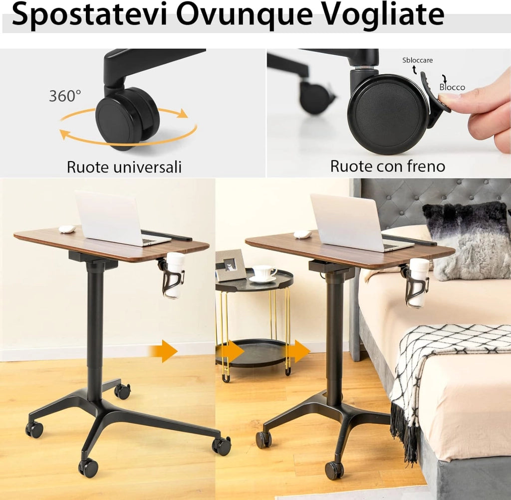 Scrivania Regolabile in Altezza, Tavolino da Letto e Divano Inclinabile con Ruote, Deflettore Anticaduta e Porta Bicchieri, Tavolino per Ufficio e Casa, 72 x 50 x 74-107 cm