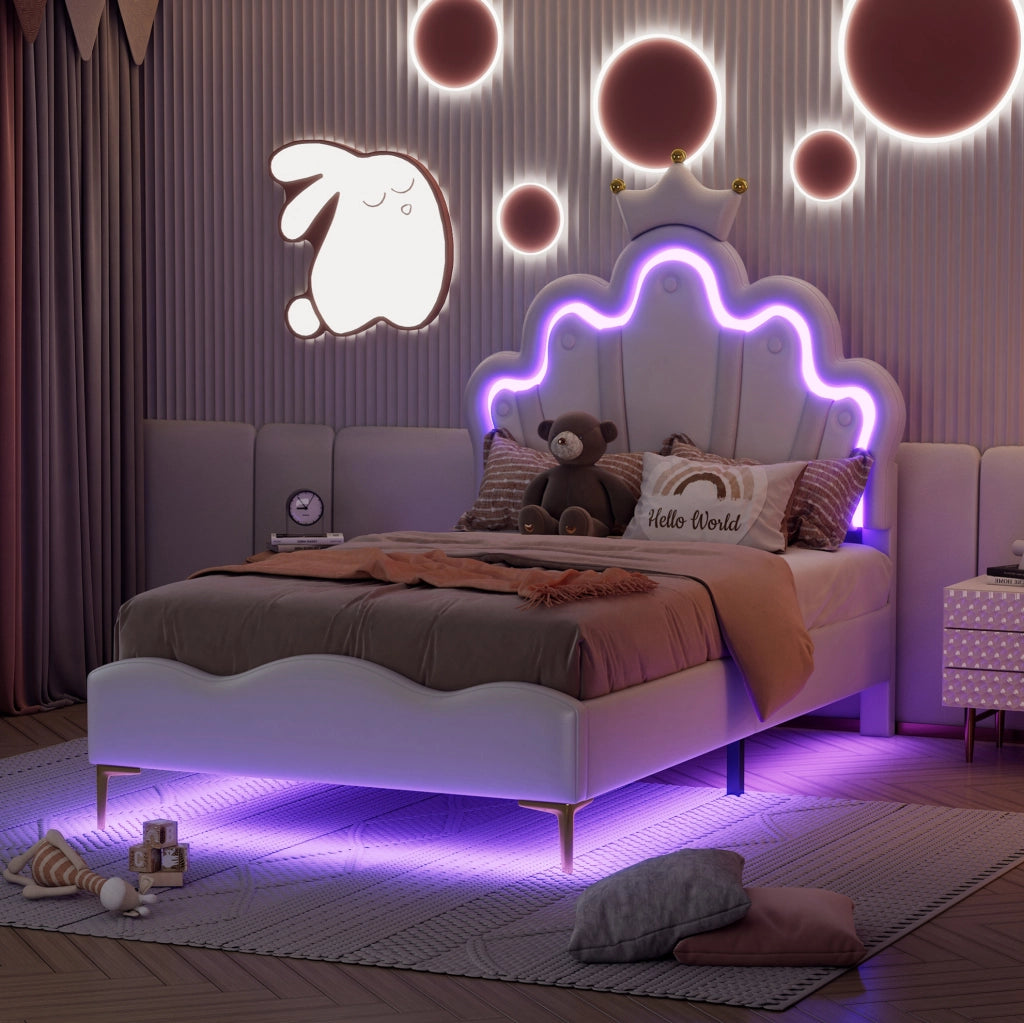 Letto 90x200 cm con corona e LED regolabili, bianco