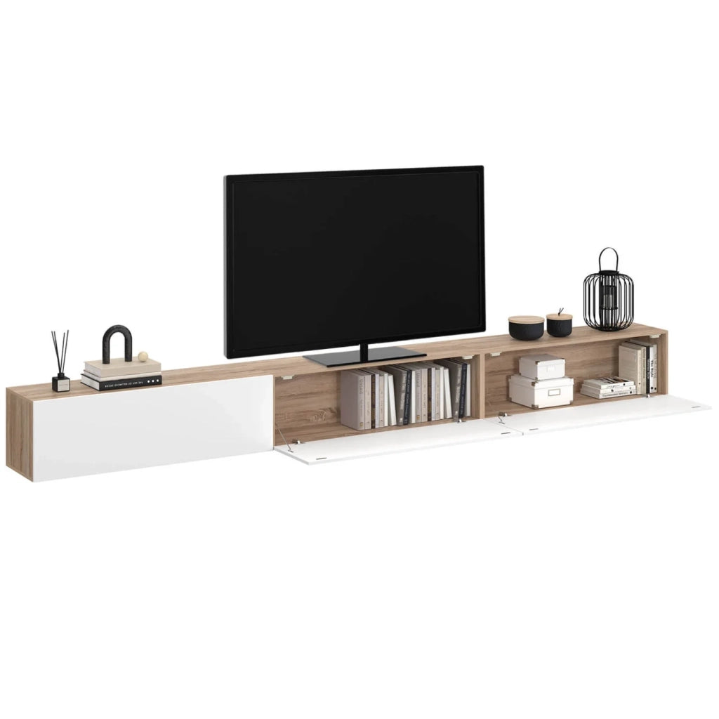 IDMarket - Mobile TV sospeso ELIO da 300 cm, 3 ante, in legno e bianco