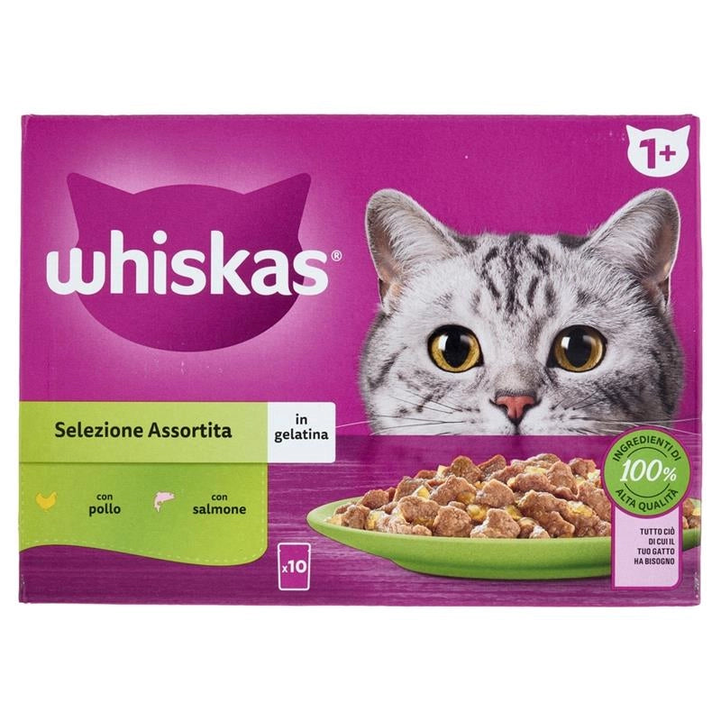 WHISKAS CIBO PER GATTI SELEZIONE ASSORTITA IN GELATINA CON POLLO E SALMONE 10 BUSTE 85GR