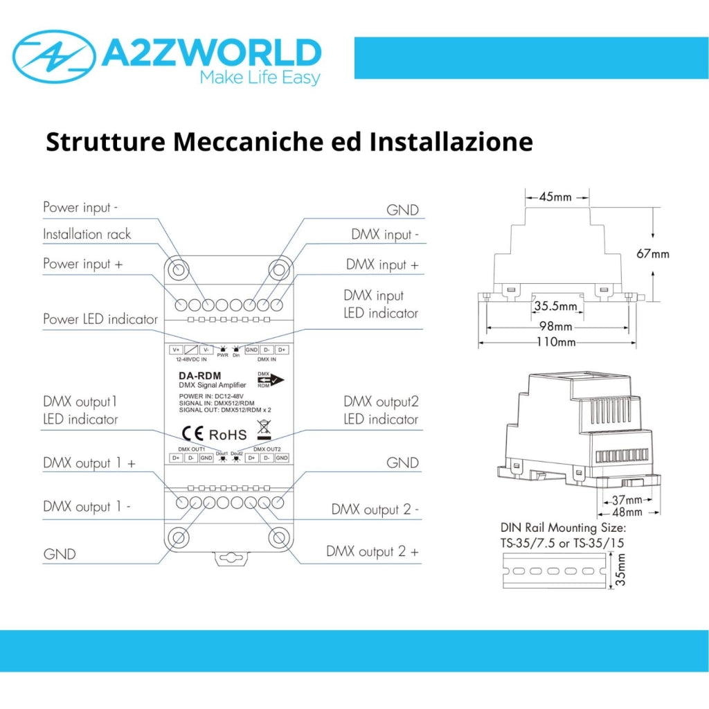Amplificatore Segnale DMX512 & RDM DA-RDM, Splitter 1 Ingresso 2 Uscite, 12-48V