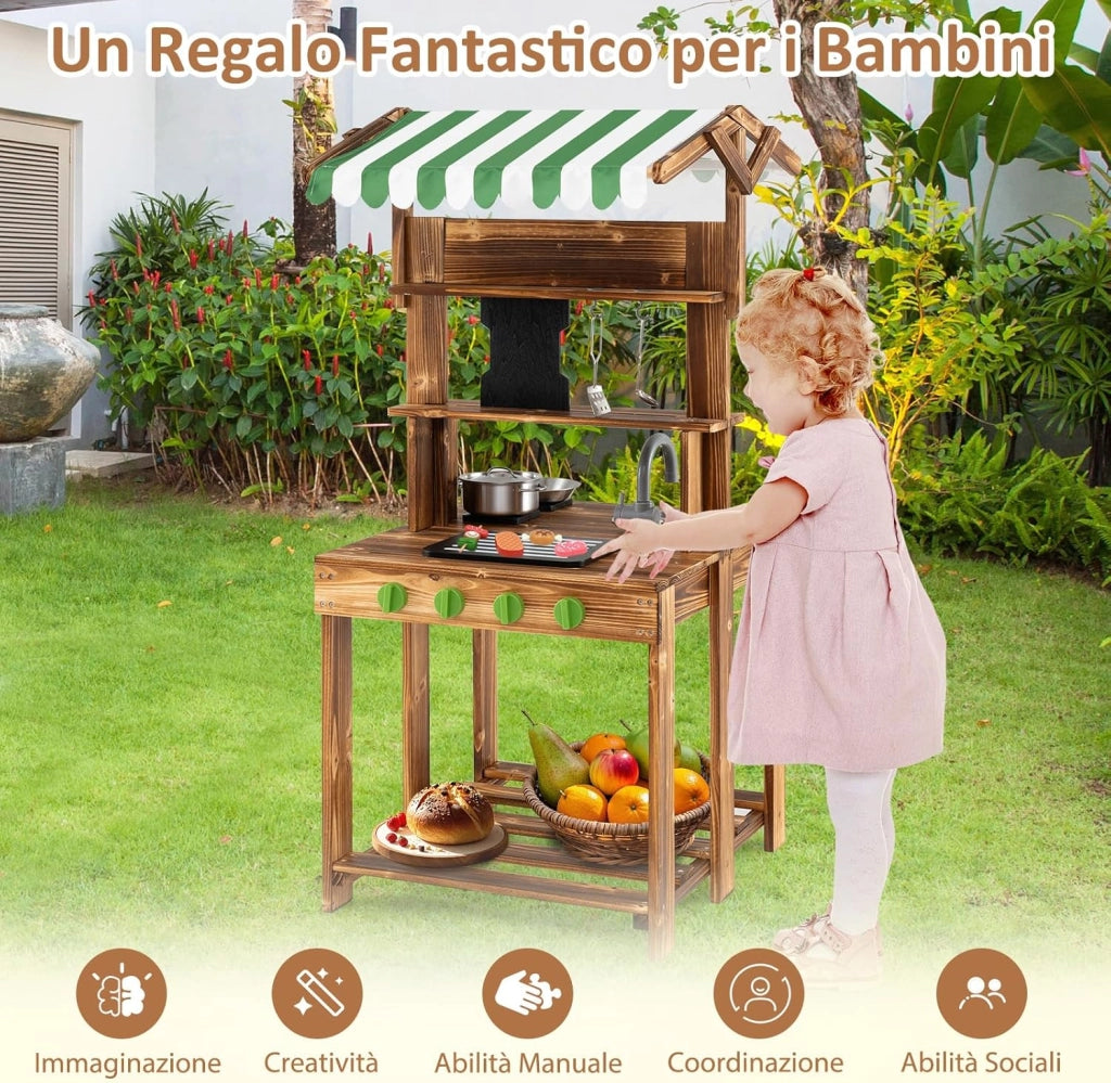 Cucina Giocattolo per Giardino a Doppia Faccia, Cucina per Bambini in Legno di Abete con Tettoia, Lavagna Scorrevole e Griglia Barbecue, Set da Cucina con 5 Accessori, 63 × 56 × 115 cm