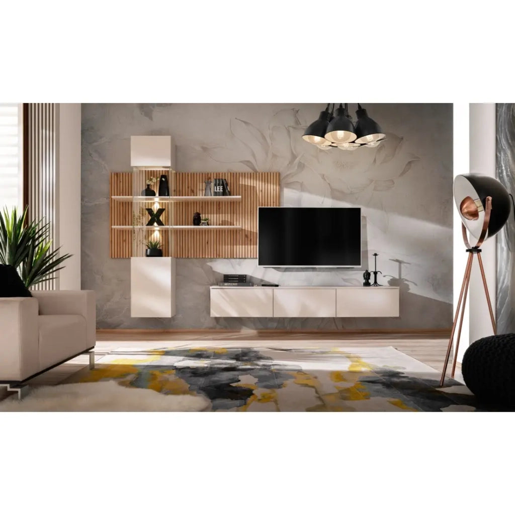 Composizione murale ALVANO (Beige & Rovere) - Pannello murale, mobile vetrato LED e mobile TV