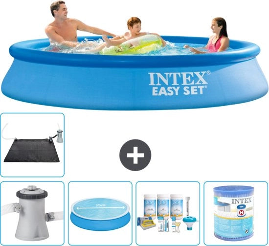 Piscina Rond Opblaasbar Easy Set - 305 x 61 cm - Blu - Inclusa Pomp, Sottovetro, Kit Manutenzione, Filtro, Matrice Solare, Paviemento in Piastrelle