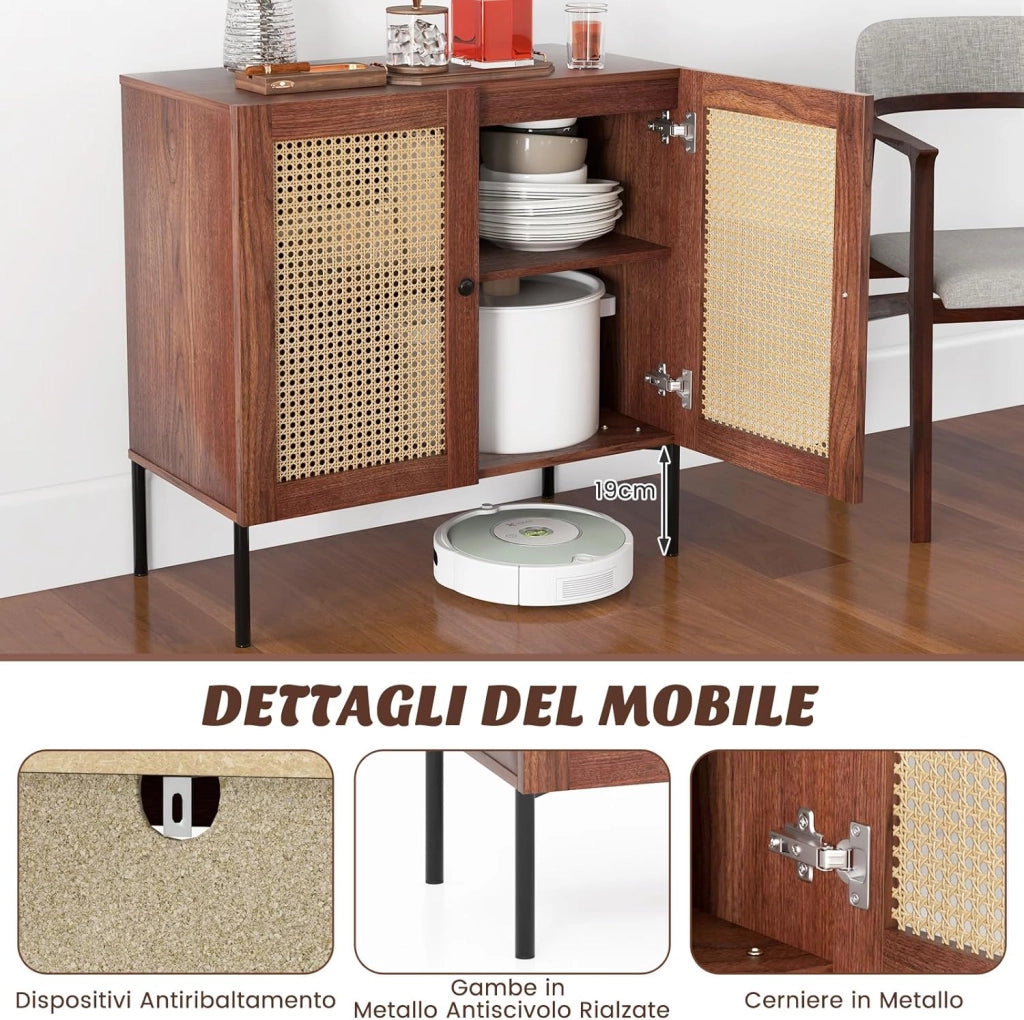 Credenza con 2 Ante in Rattan, Mobile Buffet da Cucina con Ripiano Regolabile in 3 Posizioni, Mobile per Cucina, Sala da Pranzo e Soggiorno, 80 x 40 x 80 cm (Noce)