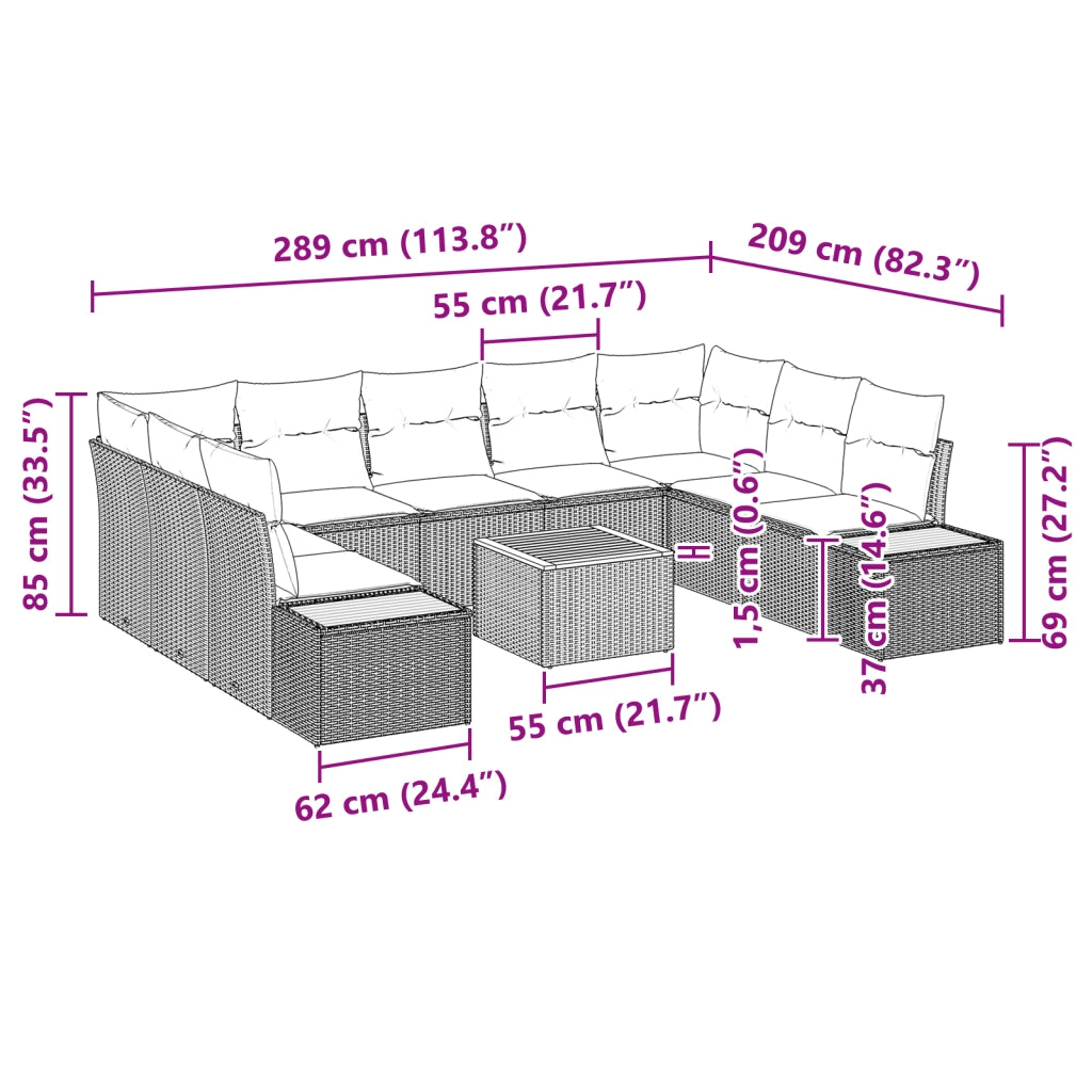 Set Divani da Giardino 10 Pezzi con Cuscini Grigio Polyrattan Acacia