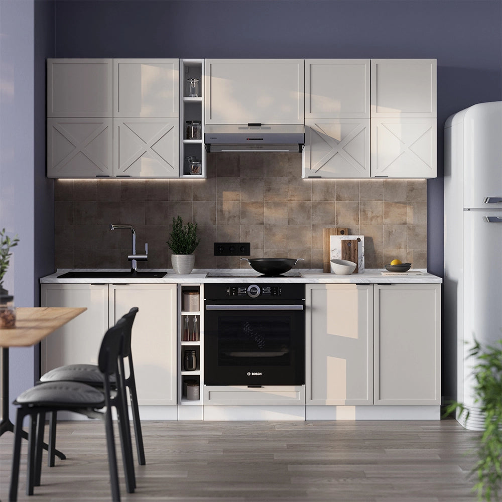 Cucina componibile Fame-Line GrigioBeige/Bianco 235 cm, PL Marmo Vicco