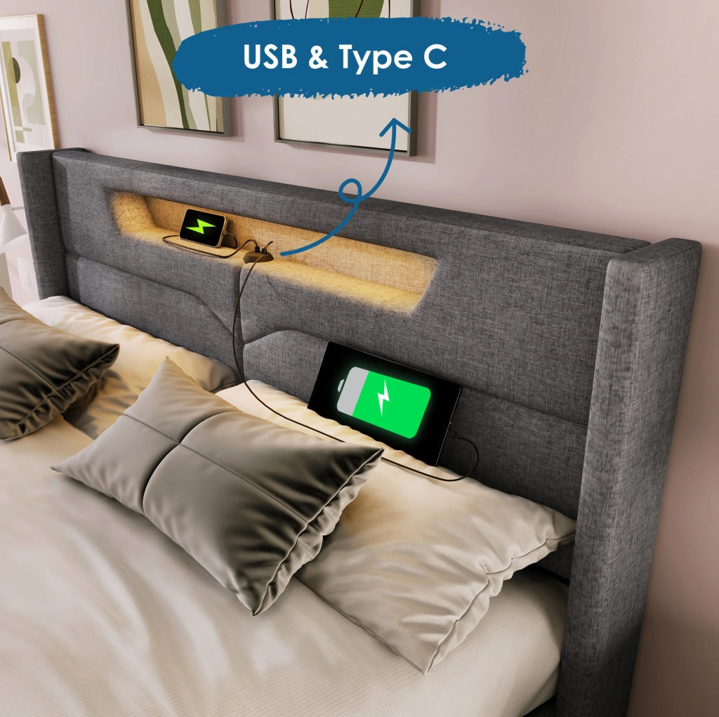 Letto contenitore 140x200 in lino grigio con LED; USB Type-C e struttura in ferro