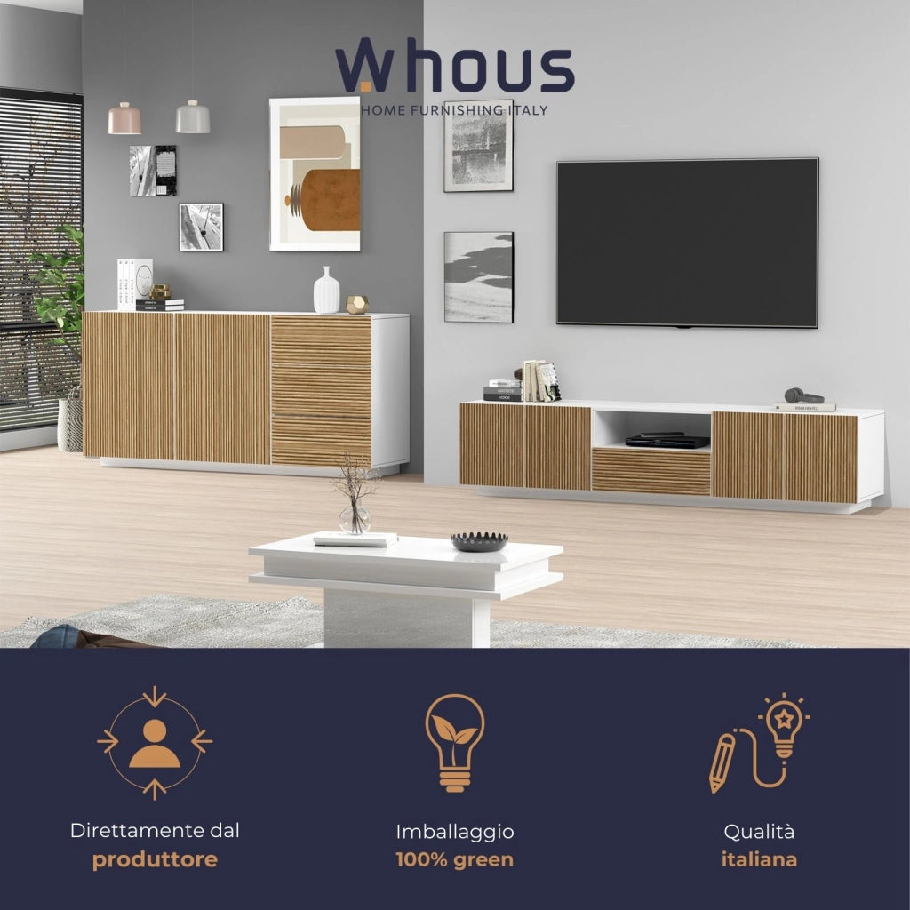 WHOUS Credenza Coste a 2 ante e 3 cassetti bianco opaco e legno chiaro 180x43x86 cm