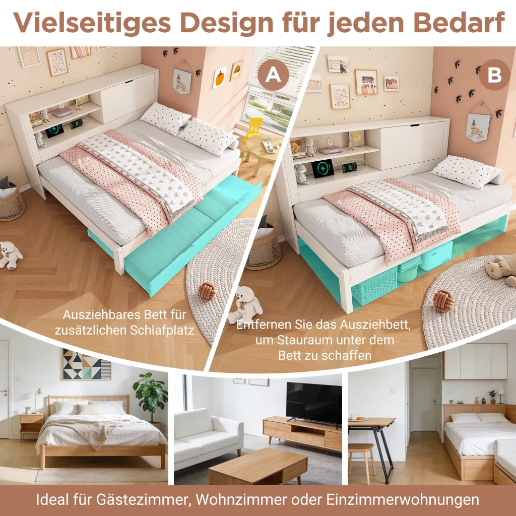 Divano letto singolo 90x200 bianco estraibile 90x190 vano e ripiano USB/Type-C doghe