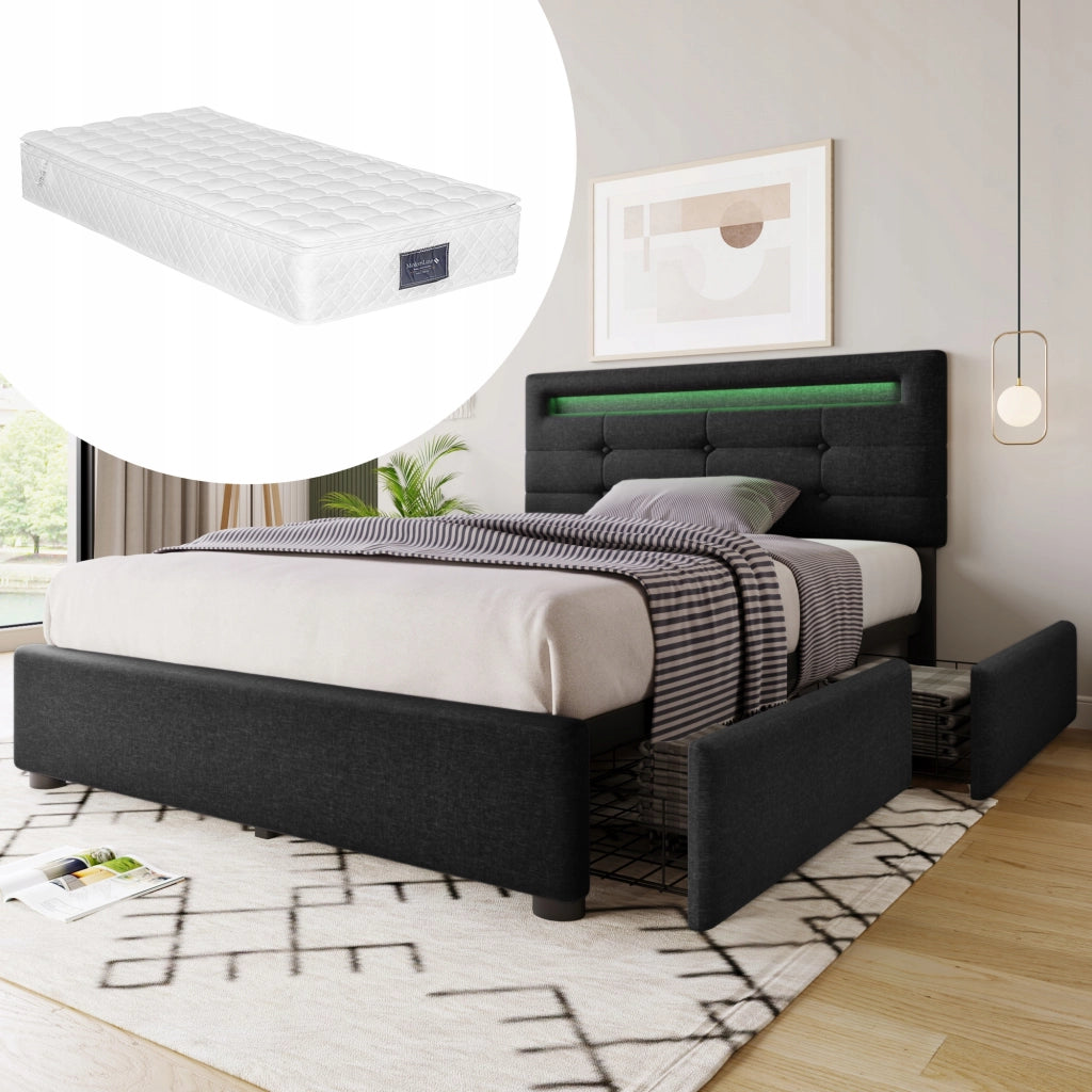 Letto singolo 90x200 - Xylo - LED, 2 cassetti, testiera regolabile, nero, con materasso