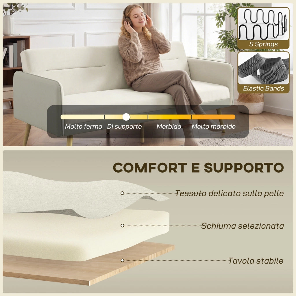 Divano Letto 3 Posti 185x84x83 cm con Schienale Reclinabile e Rivestimento Effetto Velluto Beige