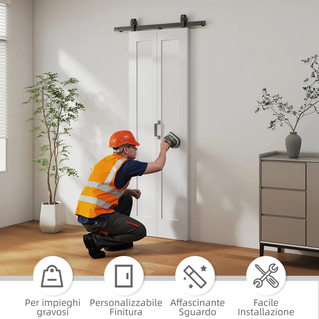 Porta Scorrevole a Libro Pieghevole a Portafoglio 70x210 cm con Superficie Verniciabile in MDF e Acciaio Bianco