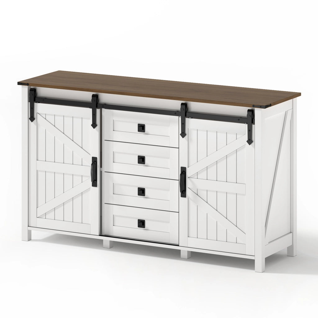 Credenza sideboard con 2 ante scorrevoli e 4 cassetti, 137 cm, bianco, in MDF