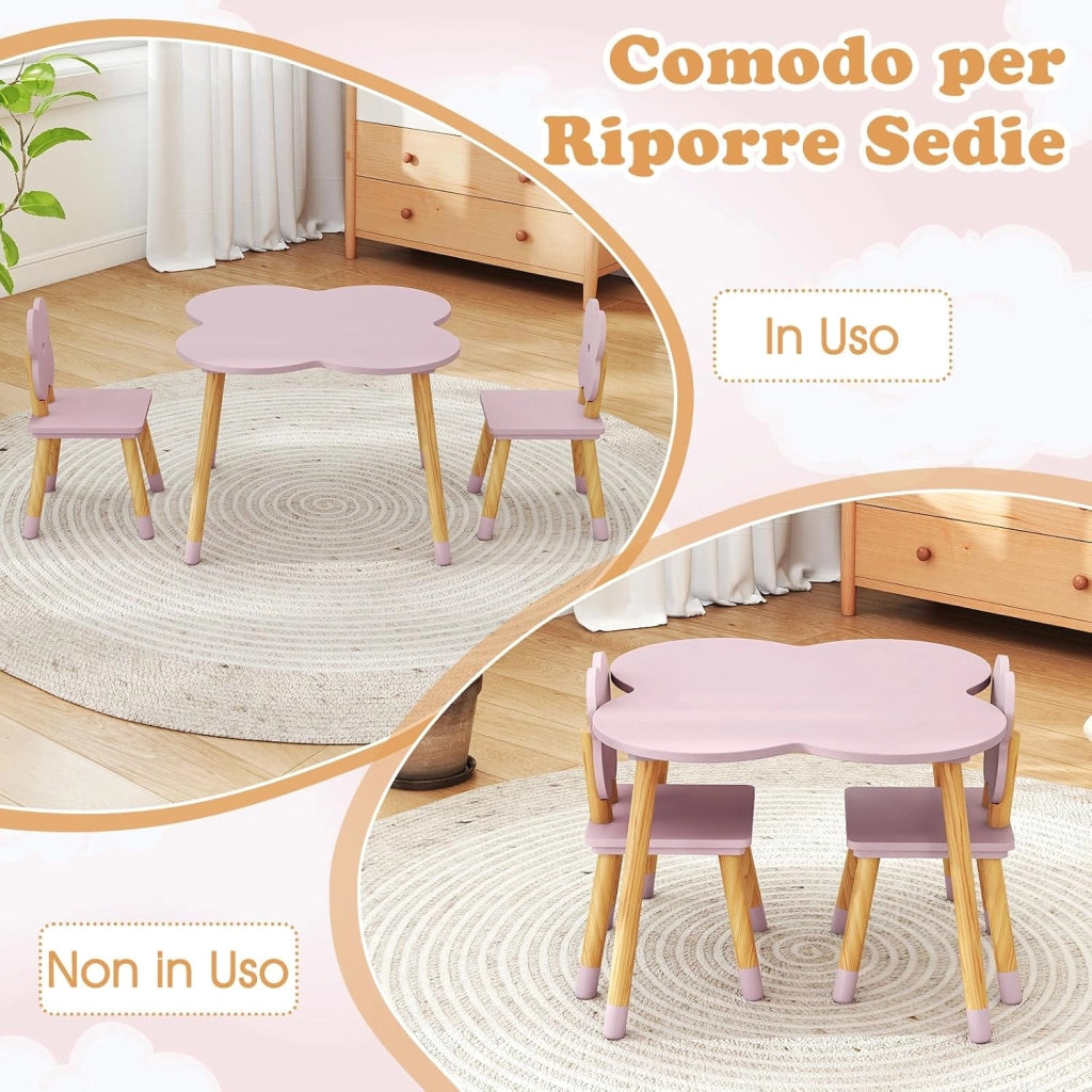Set Tavolo per Bambini a Forma di Fiore, Tavolino e Sedia in Legno con 2 Sedie e Gambe in Legno di Pino Solido, Tavolino Bambini 3+ Anni per Disegno, Arte e Studio (Rosa)