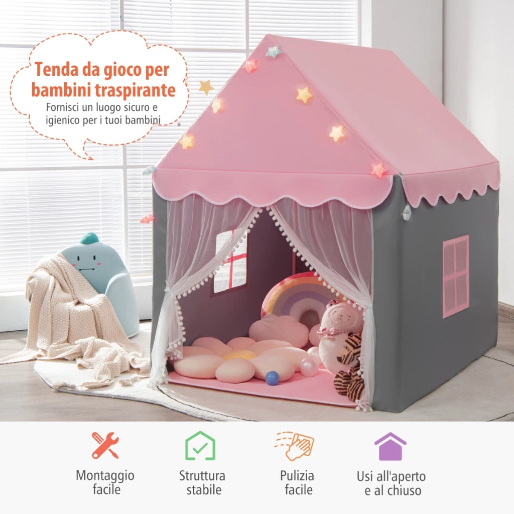 Tenda da gioco per bambini con tappetino lavabile-Tenda castello fatato con luci a forma di stella Rosa