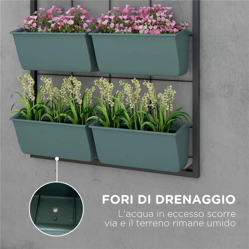 ORTO VERTICALE DA PARETE A 4 LIVELLI CON 8 VASI, IN ACCIAIO E PLASTICA, 52X14X90 CM, VERDE SCURO E NERO