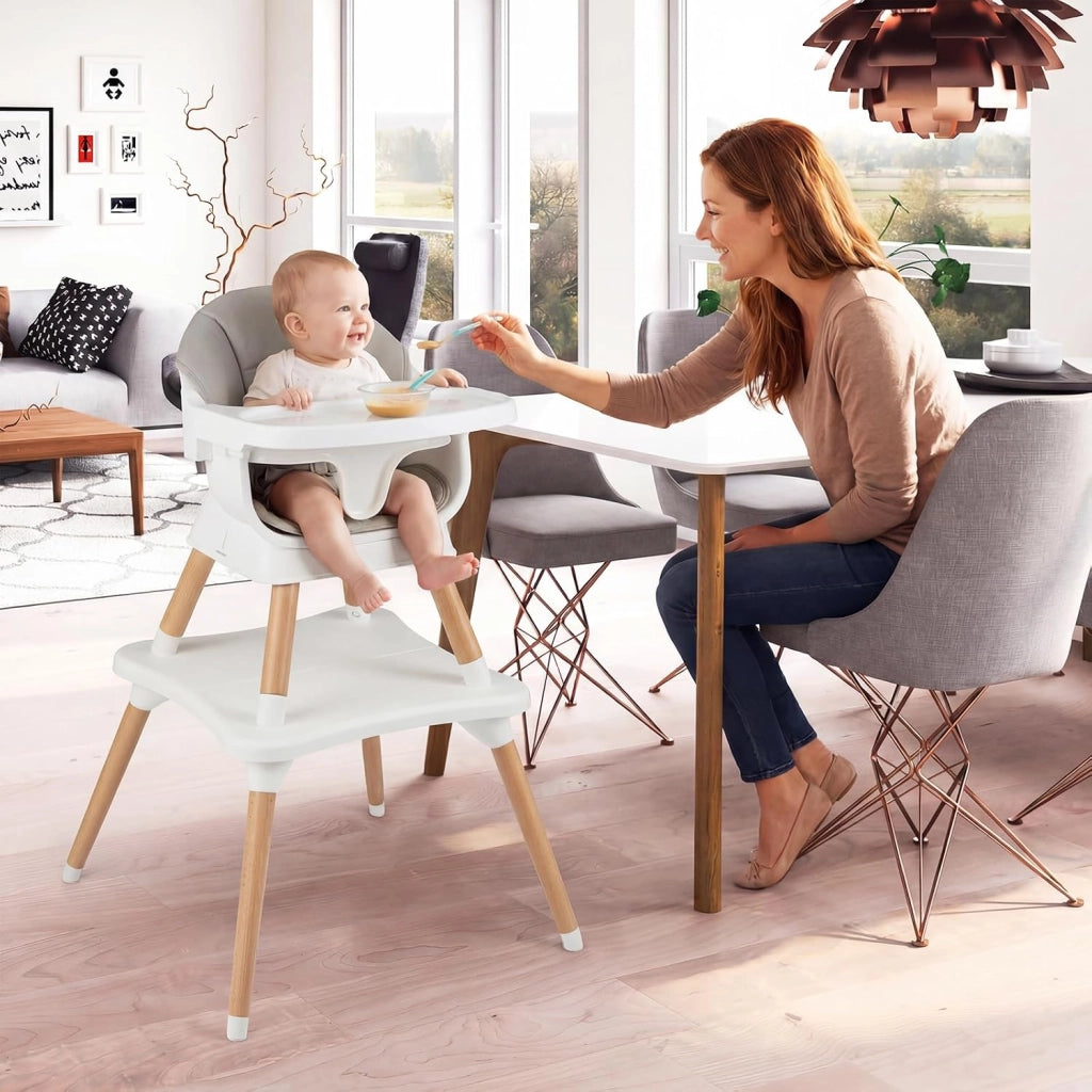 Seggiolone Pappa per Bambini, Seggiolone Convertibile con Cintura e Vassoio Rimovibile, Sedia Evolutiva per Neonati, Telaio in Legno Massello, per Neonati 6-36 Mesi (Grigio Chiaro)
