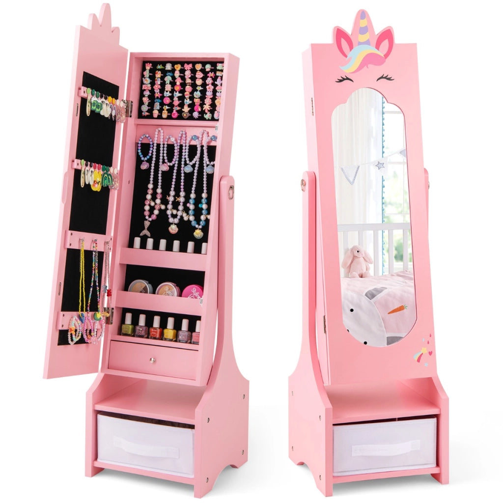 Armadio portagioie per bambini con ripostiglio e 2 angoli regolabili specchio a figura intera, Specchio da toeletta Rosa-Armadietti per gioielli