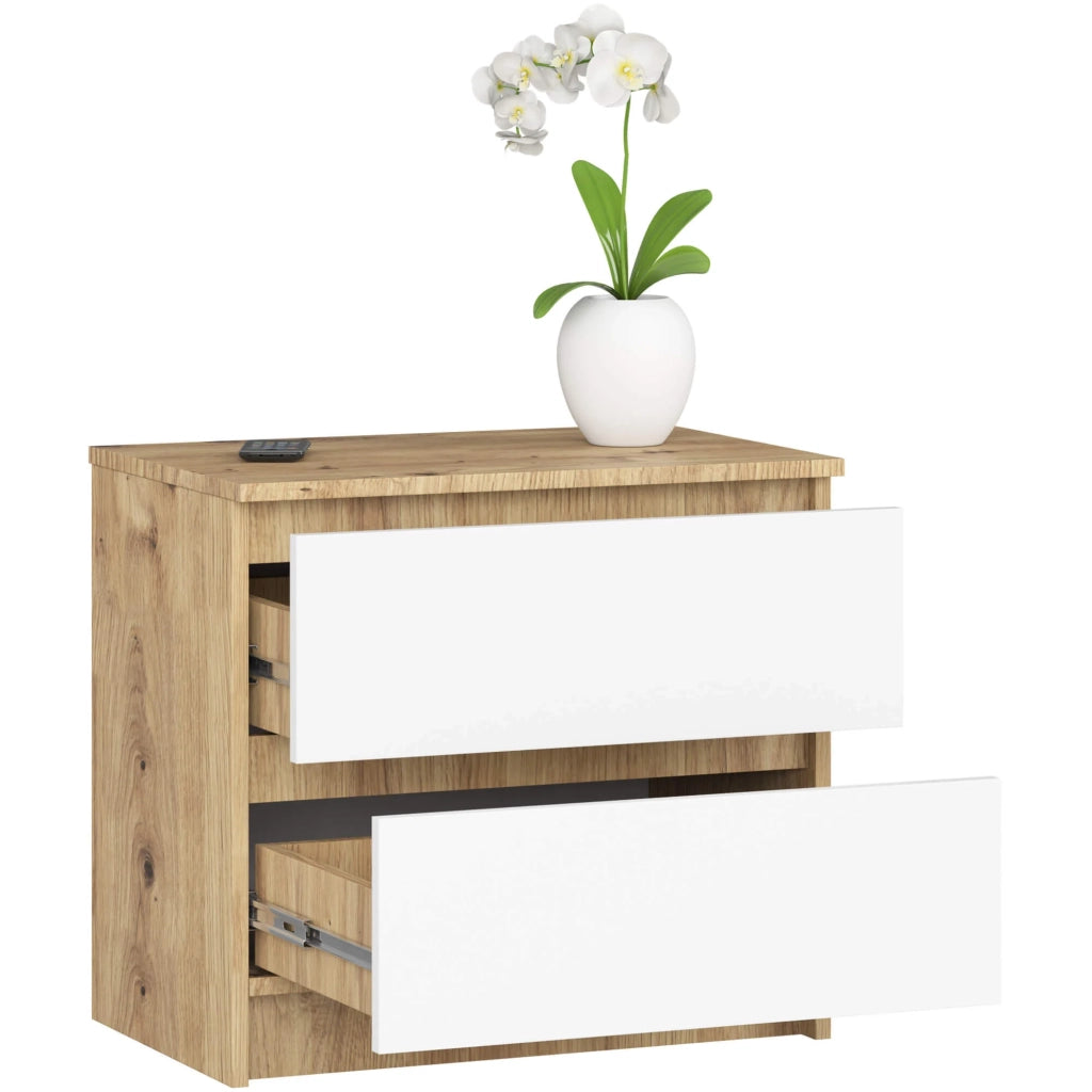 Comodino AKORD K60 Quercia Artisan 60 cm 2 cassetti inserto frontale Bianco 60x40x55 cm