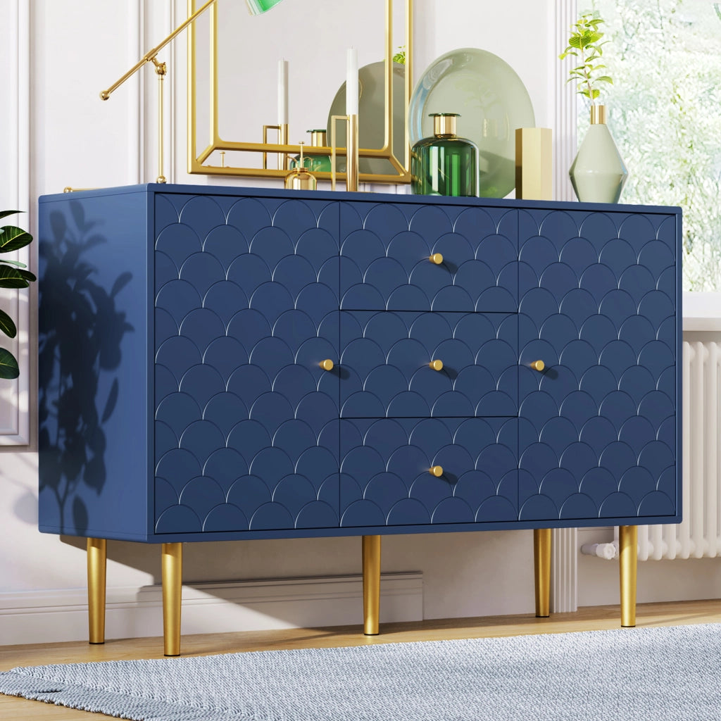 OKWISH Credenza con 2 Ante e 3 Cassetti, Ripiano Regolabile, per Soggiorno o Camera, Legno e Metallo, 120 x 40 x 83 cm