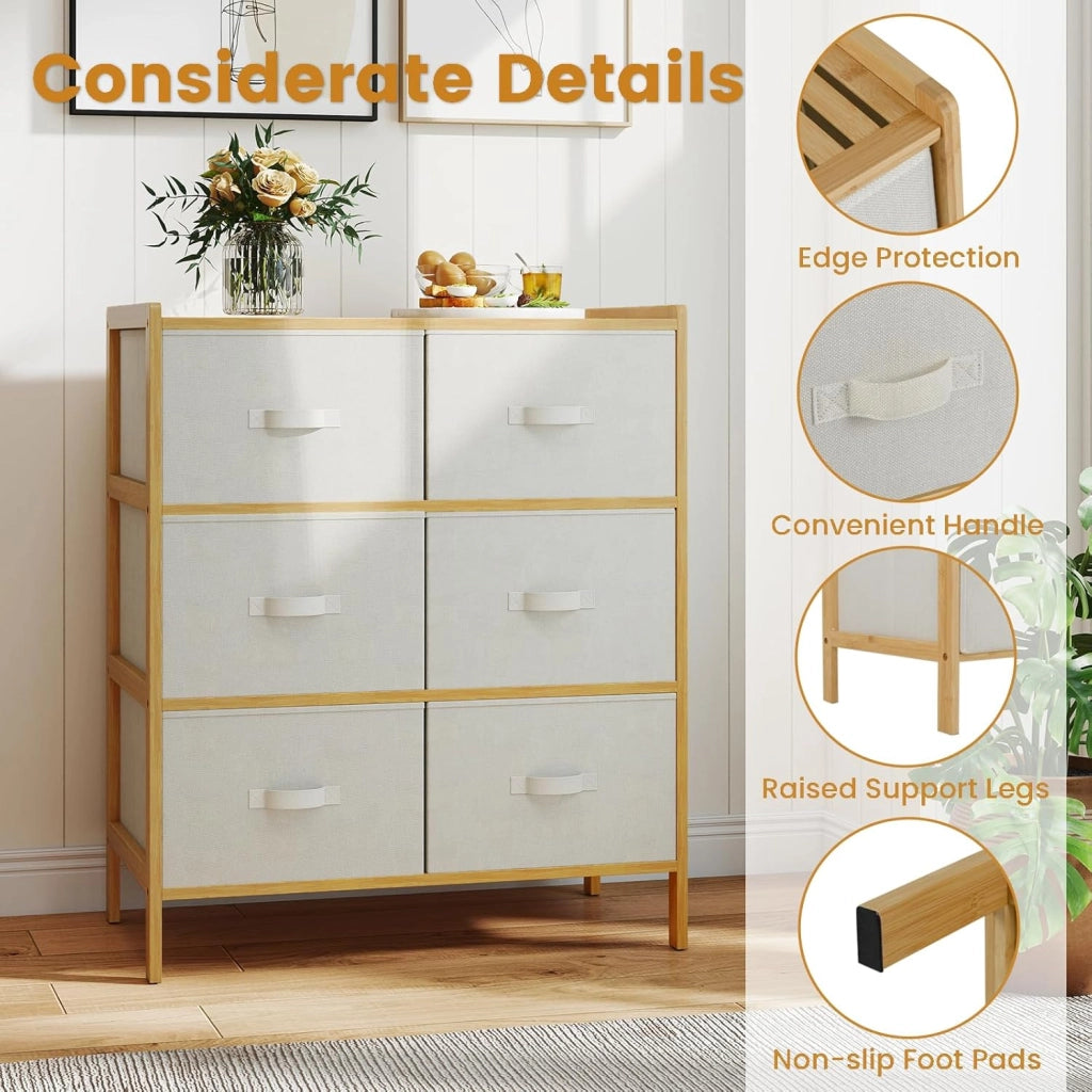 Cassettiera con 6 cassetti pieghevoli in tessuto, cassettiera in bambù a 3 livelli, mobile organizer con dispositivo antiribaltamento, armadio di stoccaggio per camera da letto, soggiorno
