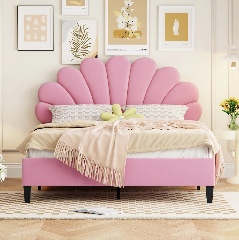 Letto imbottito rosa 140x200 cm con testiera floreale e rete a doghe