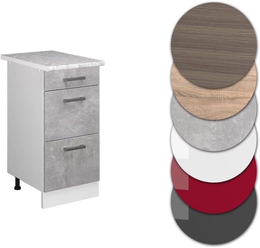 Mobiletto base per cucina R-Line, Calcestruzzo, 40 cm con cassetti PL Marmo, per la libera combinazione all'interno di sistemi cucina modulari