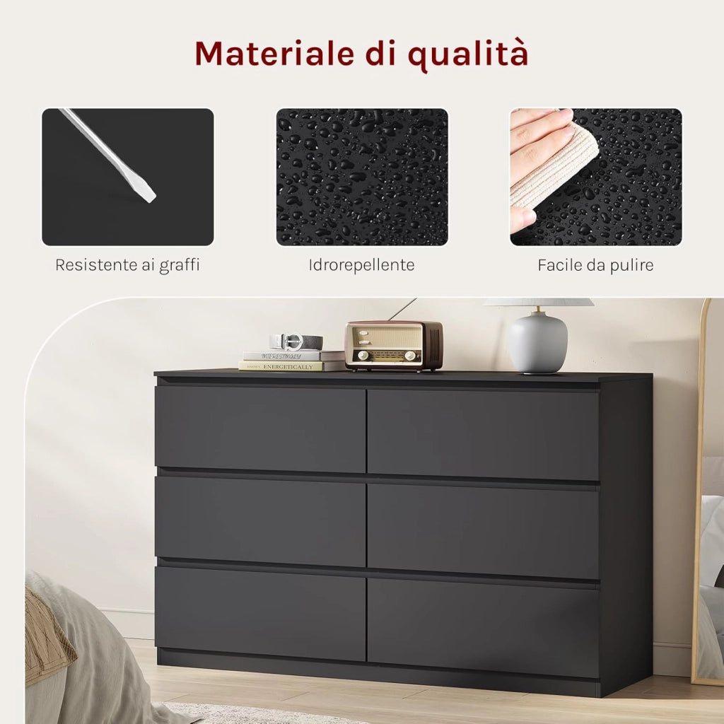 Cassettiera Camera da Letto, Mobile Ingresso con 6 Cassetti, Salvaspazio e Moderno per Soggiorno, Corridoio, in Legno, 120x40x75 cm, Nero