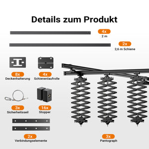 Sistema aereo per studio fotografico - Binari a soffitto 2 x 2,6 m, con 8 staffe e 3 pantografi estensibili in continuo da 40-215 cm fino a 6 kg - Attrezzatura per fotografi e videografi