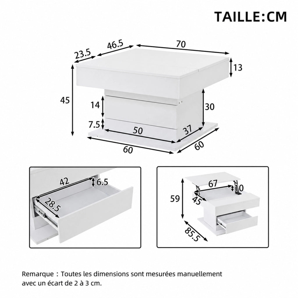 TAVOLINO da salotto 70x70x45 cm bianco lucido con piano sollevabile e cassetto