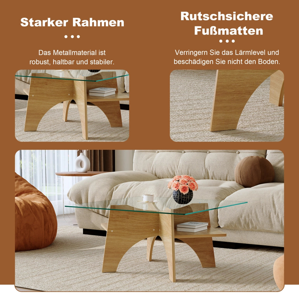 Tavolino da caffè quadrato con vano portaoggetti - per soggiorno - 80×80×40 cm - trasparente e legno