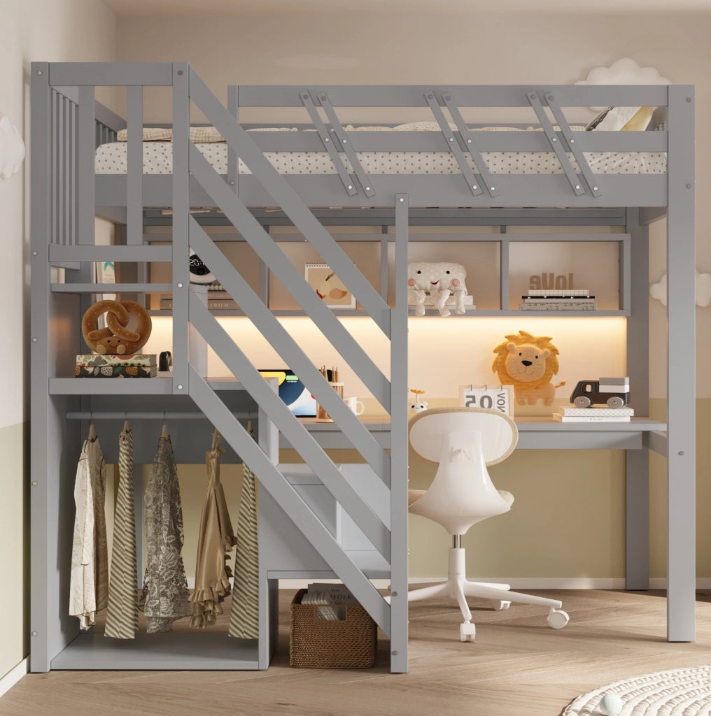 Letto a soppalco 90x200 cm con scrivania; scala contenitore e LED; grigio in legno