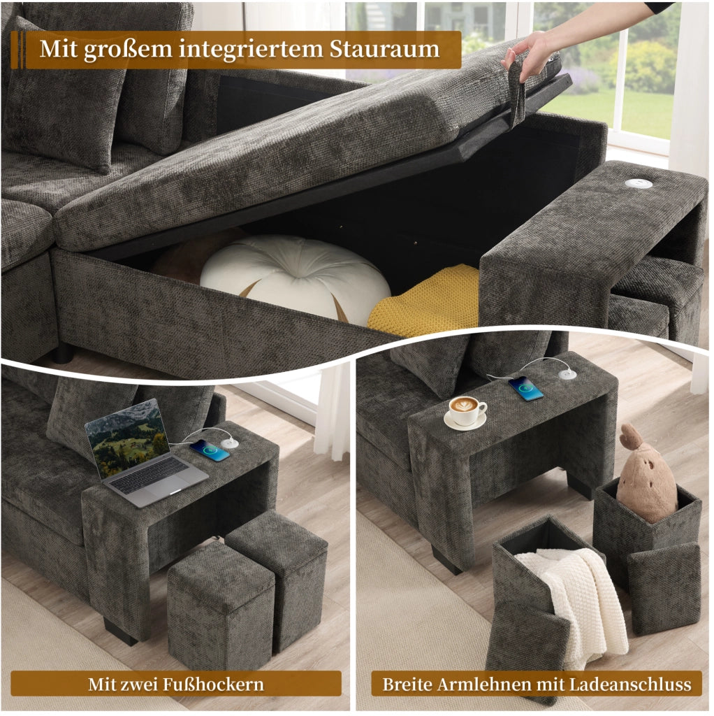 Divano letto angolare modulare 220 cm in ciniglia grigia con chaise longue reversibile e USB