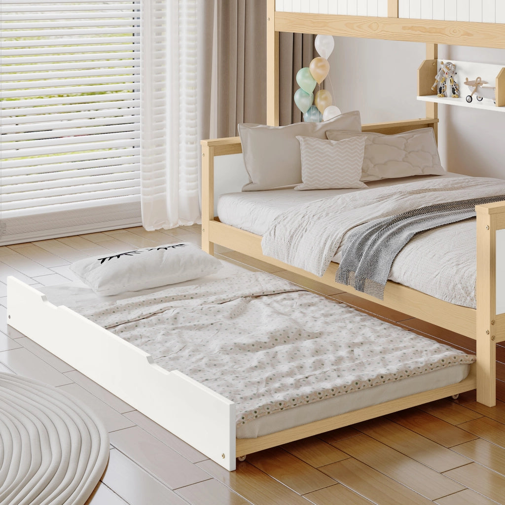 Letto a Castello; Letto Singolo 90x200 cm e 120x200 cm con estraibile; armadio e scala
