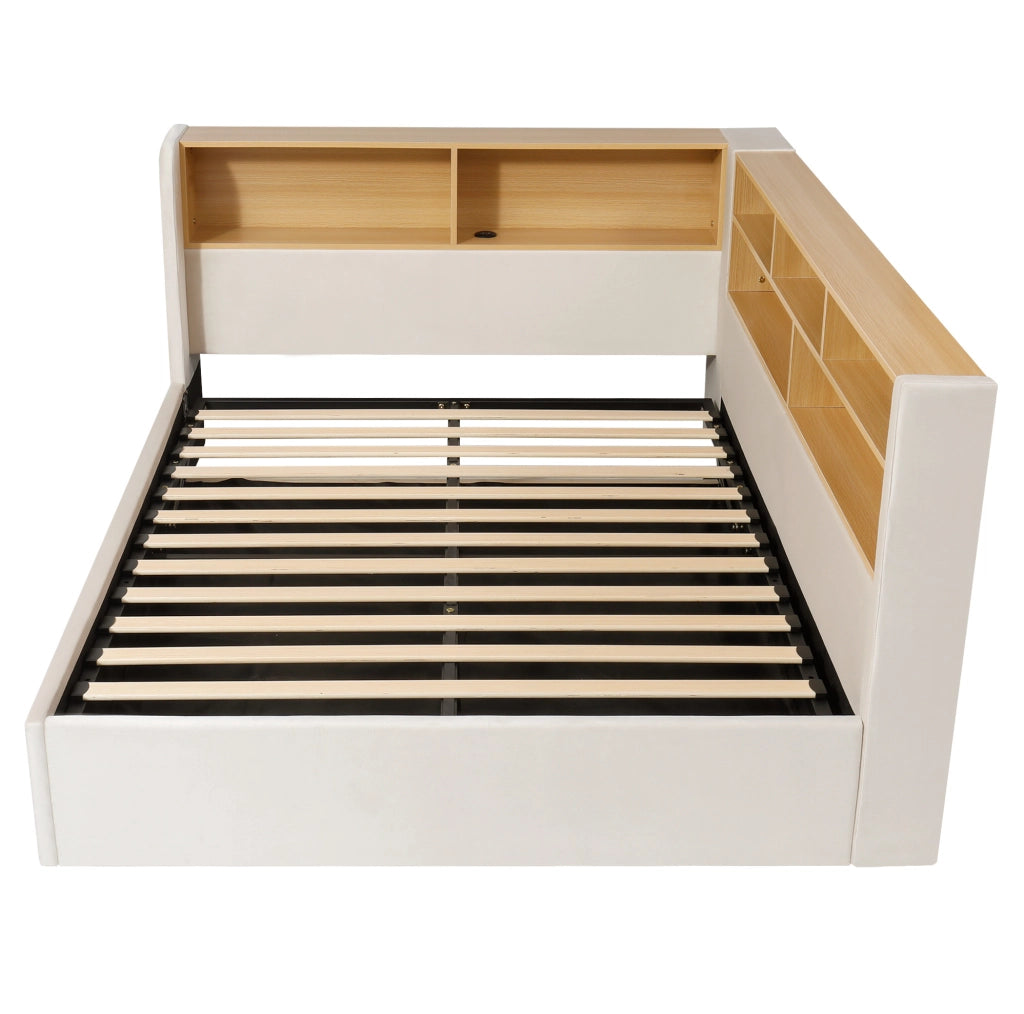 Letto da giorno imbottito 140x200 cm in velluto beige con contenitore; LED; USB e Type-C