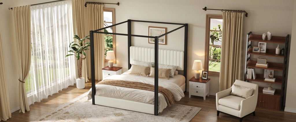 Letto matrimoniale 180 × 200 cm a baldacchino con testiera imbottita, struttura in metallo, senza materasso, beige e nero