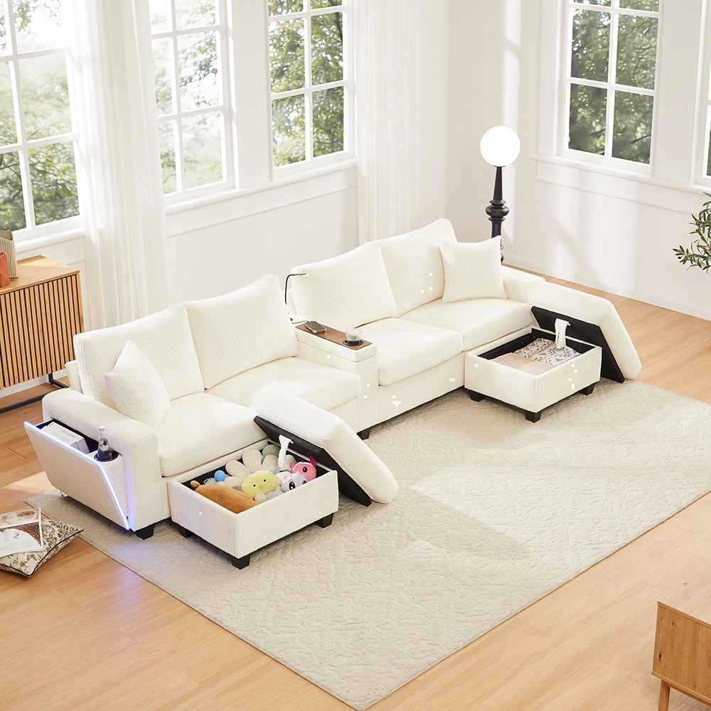 Divano a U in velluto costato - Xylo - 334x128,5x81 cm - Beige - 2 sgabelli, luce LED, porta-bevande, USB/Type-C