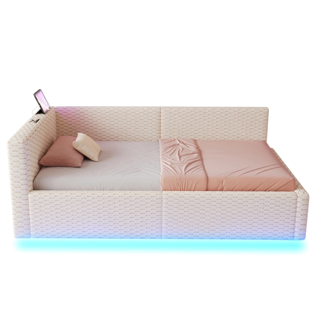 Letto imbottito 90x200 cm con LED; porte USB e contenitore idraulico; in velluto beige