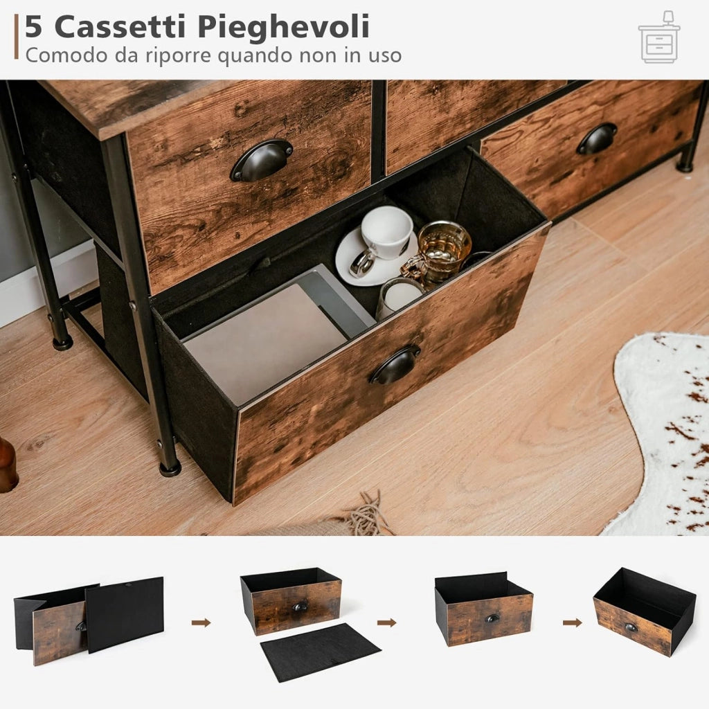 Cassettiera in Tessuto a 5 Cassetti, Cassettiera con Cassetti Rimovibili e Pieghevoli e Telaio in Acciaio, per Camera da Letto, Soggiorno, Corridoio, 100 x 30 x 54 cm