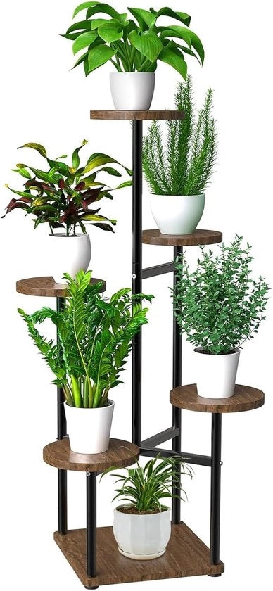 Standaard per Piante in Metallo e Legno - Decorativo Supporto per Fiori - 6 Livelli