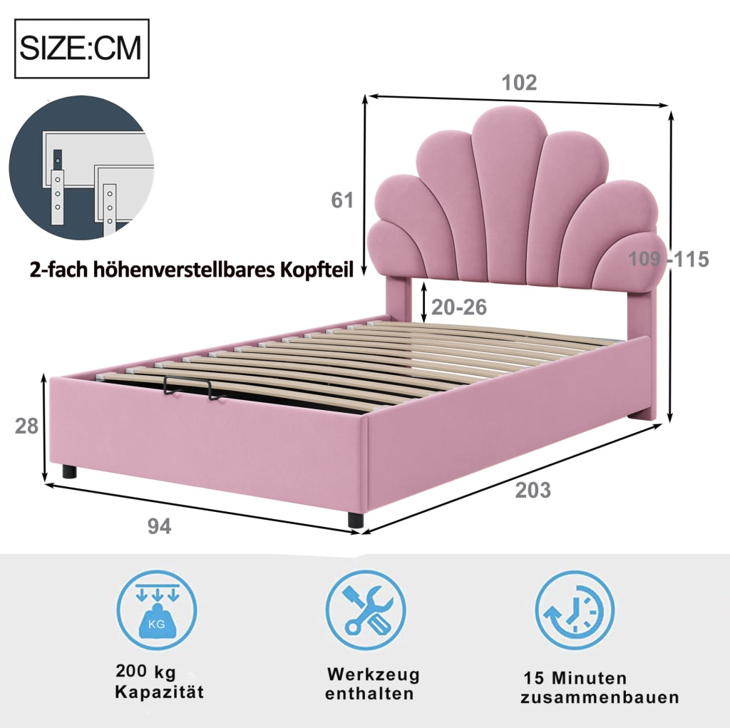 Letto imbottito 90x200 cm con contenitore idraulico e testiera floreale rosa