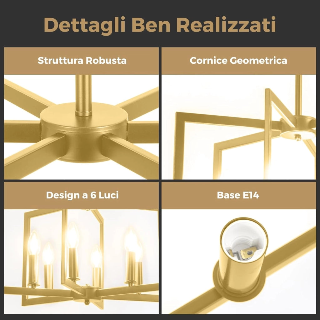 Lampadario a Sospensione a 6 Luci, Lampada a Sospensione Geometrica Moderna in Metallo Industriale con Altezza Regolabile, Lampada da Soffitto per Cucina, Salotto e Camera da Letto (Bronzo)