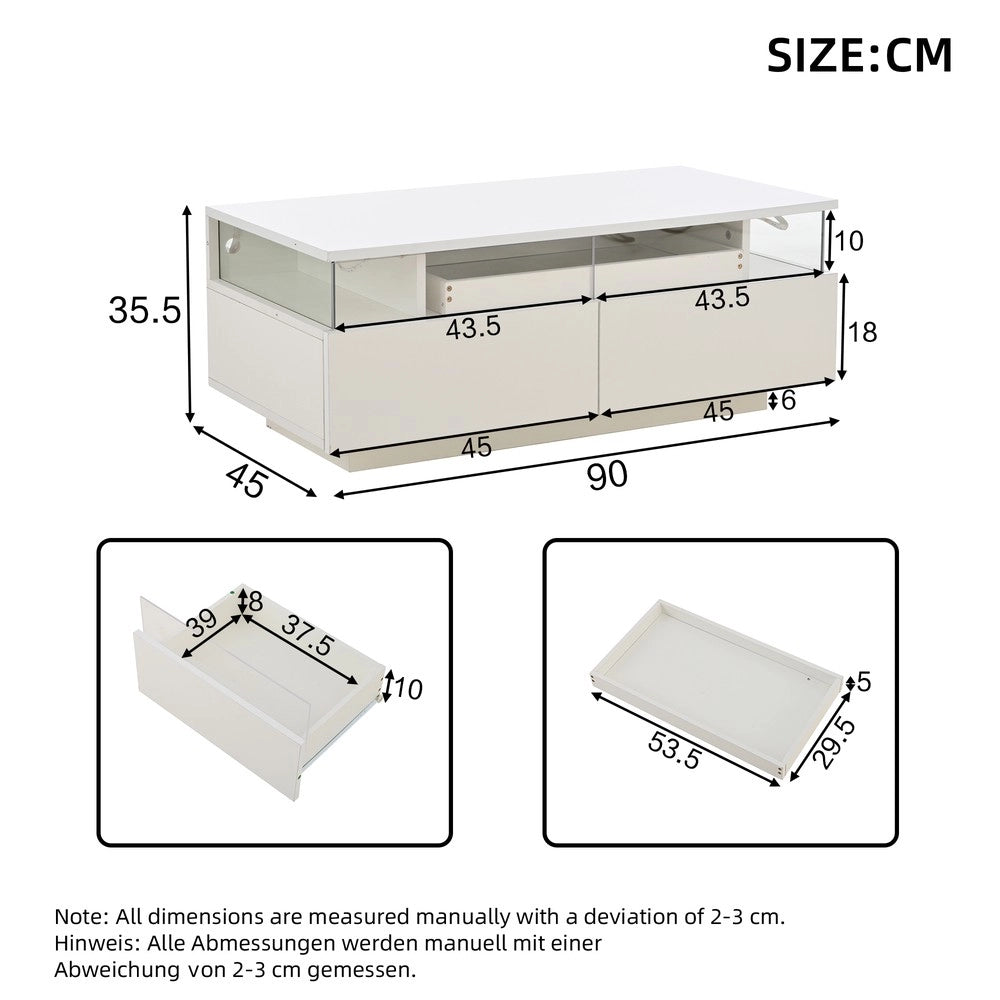 Tavolino da Caff¨¨ con LED e Cassetti ¨C MINIMAL ¨C Vetro Temperato, Bianco, 90x45x35.5