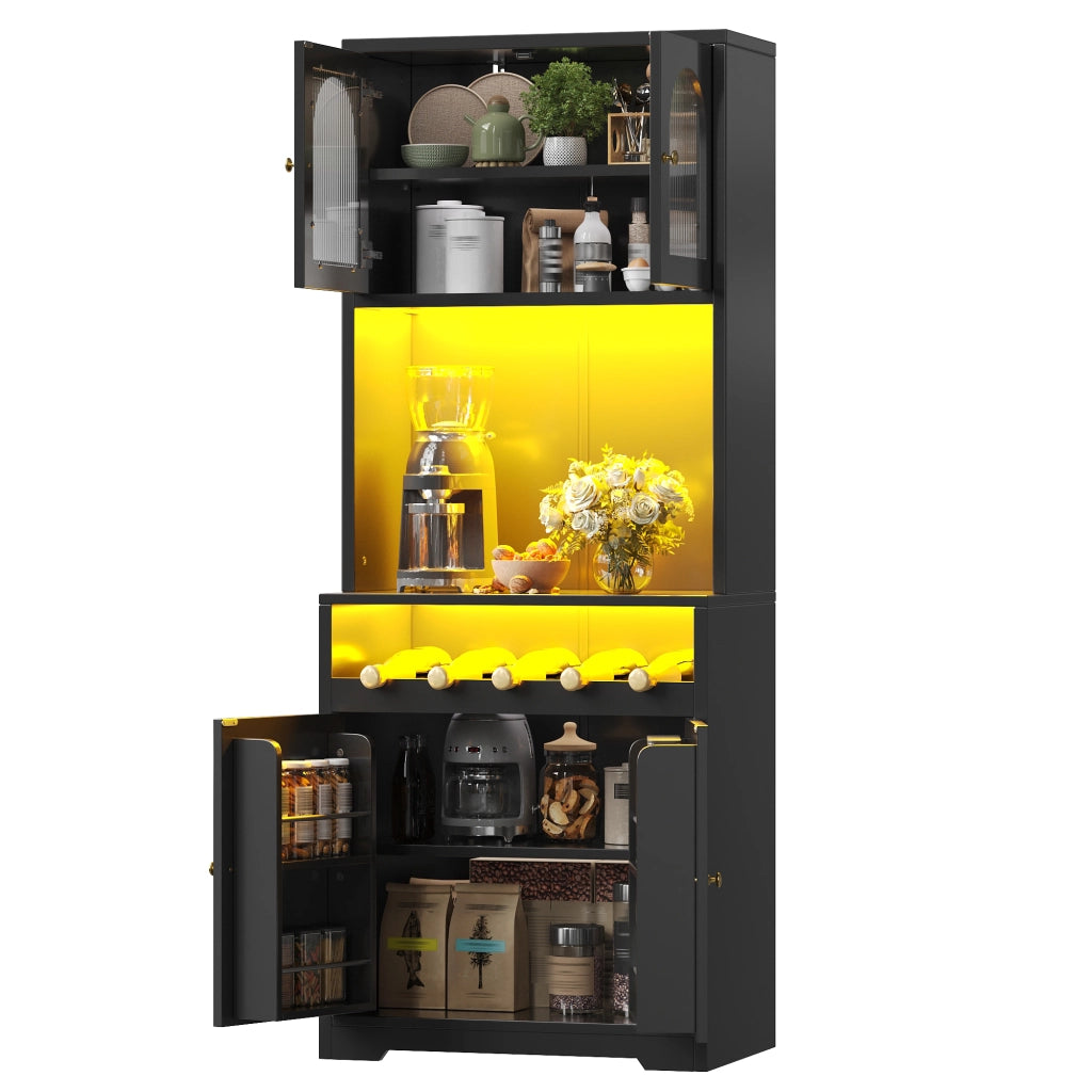 Credenza e madia set da 2 con LED RGB app, ante in vetro, portabottiglie e ripiani regolabili, nero 140 × 38,3 × 180 cm