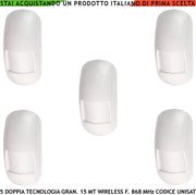 Doppia Tecnologia Rilevatore Movimento Radio 5 Pezzi Freq. 868 MHz Bidirezionale Codifica UNISAT Infrarosso Grandangolo Controllo look down Copertura 15 Metri