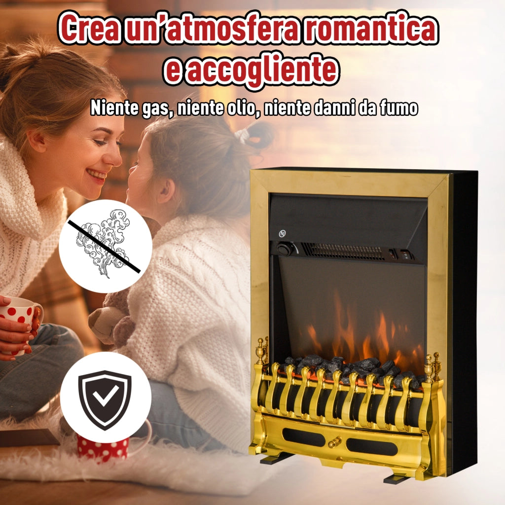EasyComfort Camino Elettrico da Terra 1000/2000 W Effetto Fiamma LED, Caminetto Elettrico con Protezione da Surriscaldamento e Ribaltamento, Riscaldamento Regolabile, Oro