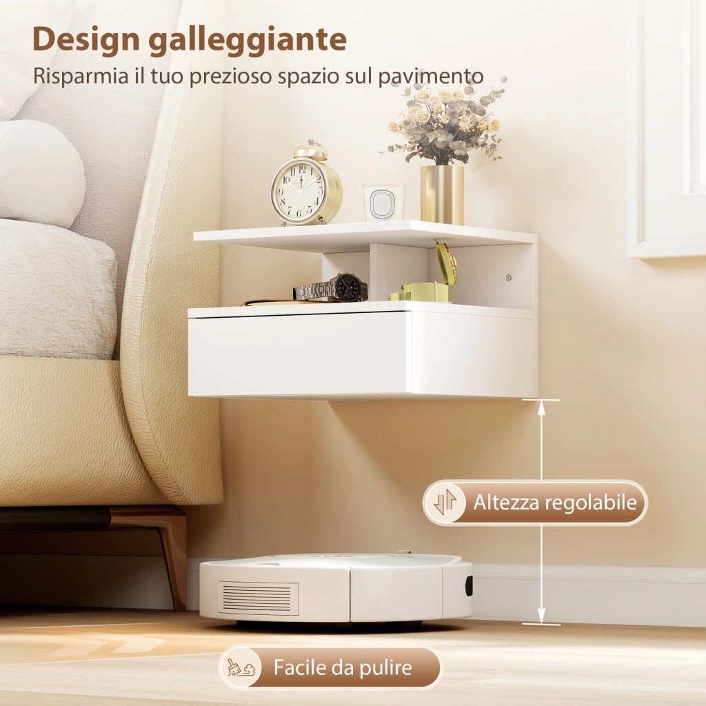Set di 2 Comodini Sospesi 35x32x22,5 cm con Cassetto e Mensola Aperta in Legno Bianco